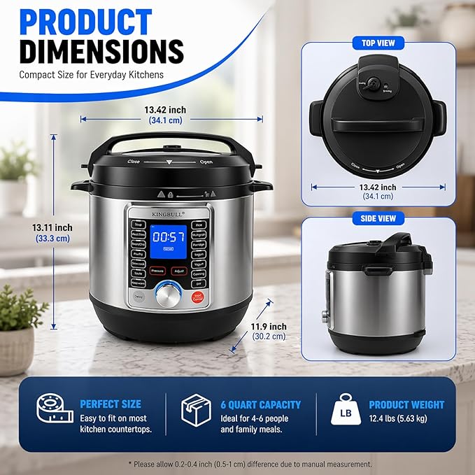 KINGBULL 14-in-1 Electric Pressure Cooker 6 Quart, Stainless Steel Multi Cooker with LCD Display, Slow Cooker, Rice Cooker, Steamer, Sauté, Yogurt Maker, Warmer, DIY Mode, Black