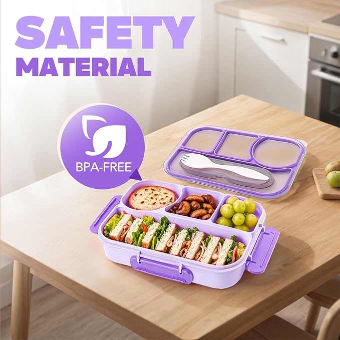 EASYFUN Bento Box Adult, Lunch Box, 4-Compartment Lunch Containers, Drop-Proof, Dishwasher Safe & Made with BPA-Free Materials (Purple)