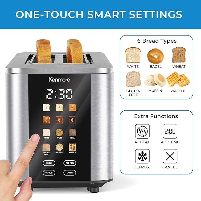 Kenmore 2-Slice Digital Touchscreen Toaster - 900W Stainless Steel, Wide Slots 6 Shade Settings, Bread Presets, Countdown Timer, Reheat & Defrost Functions Compact Countertop Design tostadora digital