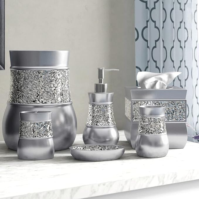 Creative Scents Crackled Glass Silver Small Bathroom Trash Can 2.06 Gal / 7.8L – Decorative Waste Basket for Bathroom, Powder Room or Bedroom - Durable Mini Wastebasket with Beautiful Crackled Glass