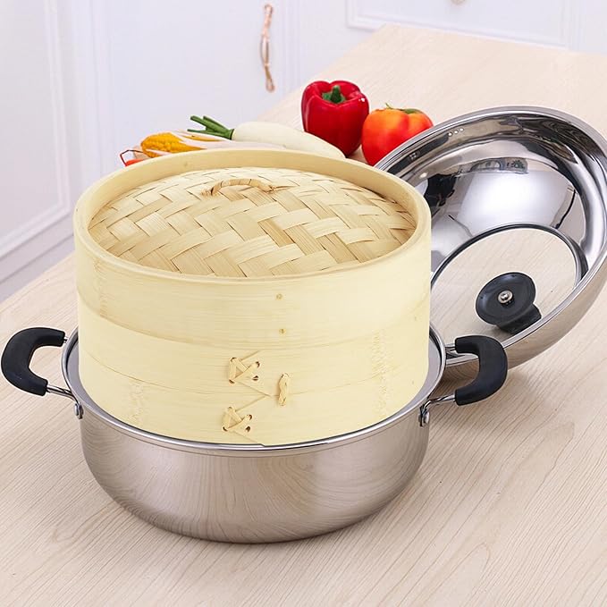 JMIATRY 3 Tier Bamboo Steamer 8 Inch Dumpling Steamer Basket With Side Handles Bamboo Steamers Basket With Lids for Steaming Cookware Asian Food, Bao Buns, Chinese Dim Sum, Dumpling