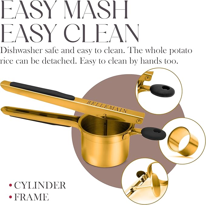 Bellemain 15 oz Gold Large Potato Ricer | Heavy-Duty Stainless Steel Potato Ricer & Masher | Perfect for Mashed Potatoes | Ricer Kitchen Tool with Fixed Disc (Gold)