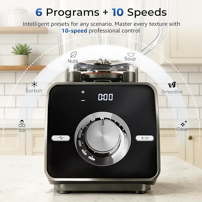 Home Blender, 2700W High-Speed Blender for Ice Crushing Power, Stainless Steel Blades, Kitchen Timer, 10 Speeds, 6 Programs for Smoothies, Frozen Drinks, Self-Cleaning, 64oz Bulk Production