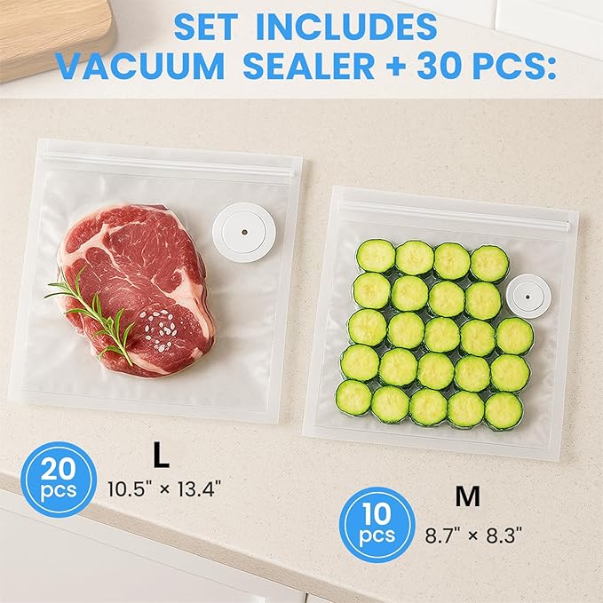 Compact Vacuum Sealer for Food, Handheld Visible Water Tank Vacuum Sealer with 30 Pcs Reusable Sealer Bags, Kitchen Storage and Preservation Seal Meal Saver Portable Food Sealer, White
