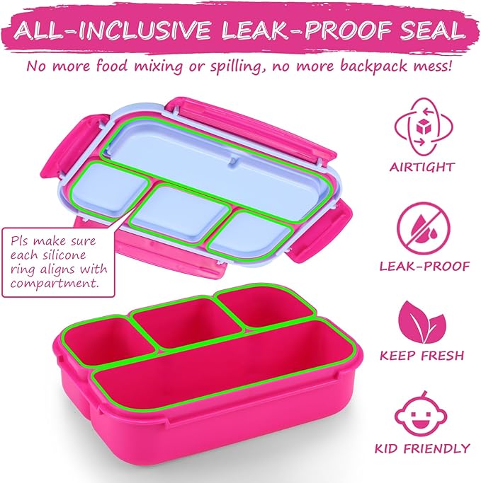 QQKO Bento Box for Kids Adults, School Toddler Lunch Box for Boys Girls, Lunch Box Containers with 4 Compartments, Sauce Container, Utensils, Food Picks and Muffin Cups for School, Pink Blue