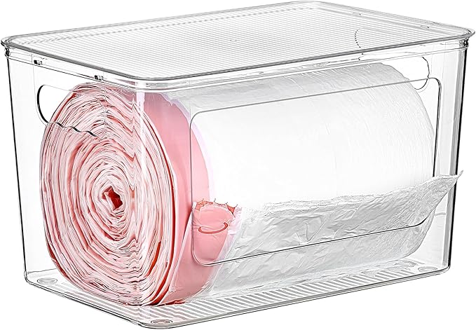 Vtopmart 1 Pack Trash Bag Holder, Stackable Garbage Bag Dispenser for 13/30/33 Gallon Bags, Onion and Potato Storage Bins for Kitchen, Clear Organizer Bins for Under Sink, Laundry Room