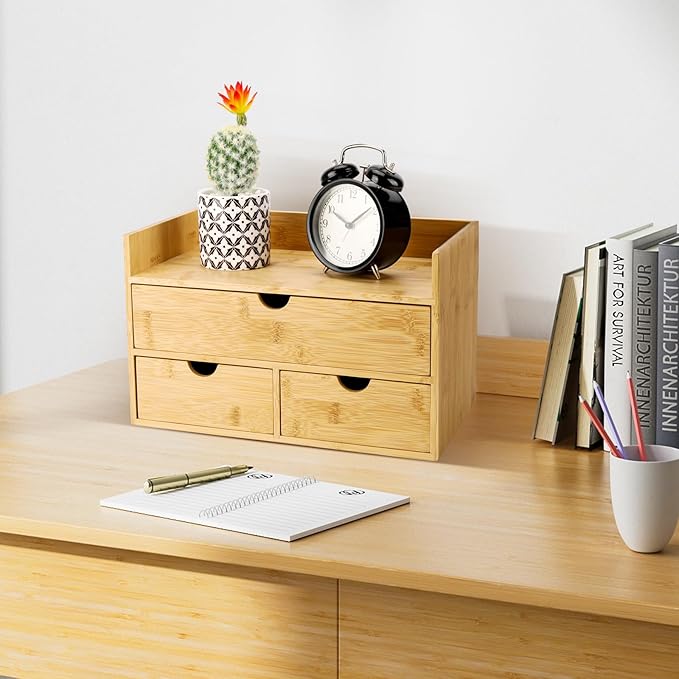 Charmewooden Bamboo Desk Organizer With Drawers Countertop Drawers Counter Storage Box Corner Desk Organizer for Home Office No Assembly Required (3 Drawers with shelf)