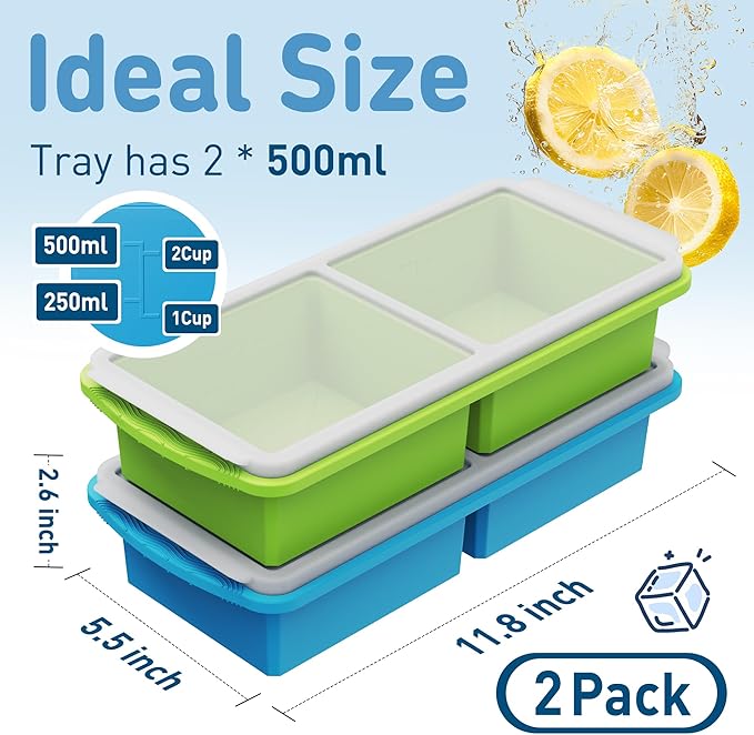 Silicone Freezer Tray with Lid Soup Freezer Container Molds with Steel Reinforced Rim Large Ice Cube Tray Makes 4 Perfect 2 Cup Portions Cubes Storage Food Ice Trays Kitchen Tools for Cooking 2 Pack