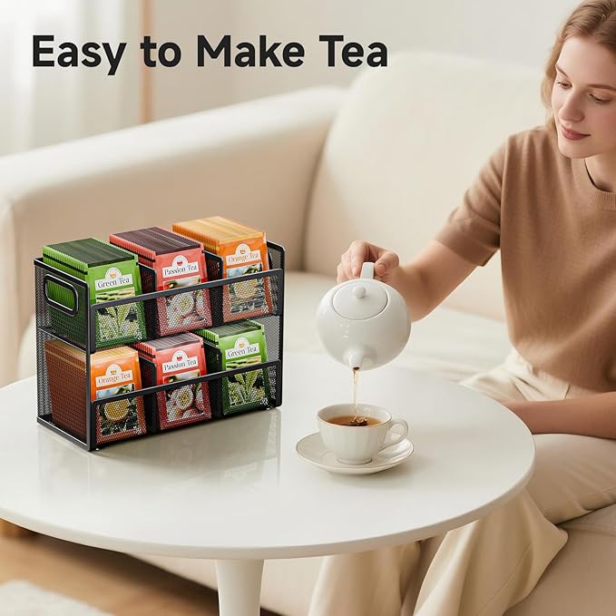2 Tier Tea Bag Organizer, Mesh Tea Bag Holder with Handle, Teabag Holder, Tea Station Organizer for Countertop, Pantry, Kitchen, Cabinet -Black