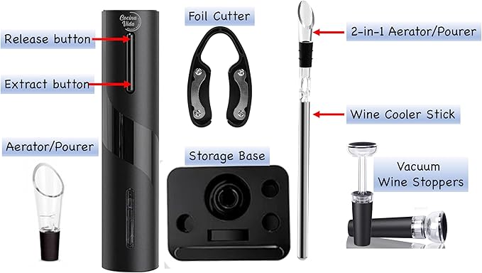 Cocina Vida 8 Piece Electric Wine Bottle Opener Set Includes Foil Cutter, 2 Aerators, Bonus Chill Stick & 2 Vacuum Stoppers and Storage Base - Perfect Wine Lovers Gift- Wine Accessories