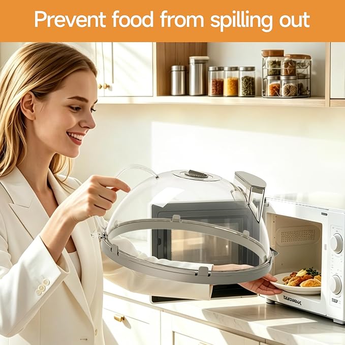 10" Microwave Splatter Cover with Water Steamer, Microwave Cover for Food, Dome Splatter Guard with Hanging Hole, Easy Clean & Space Saving Hanging Design, Grey