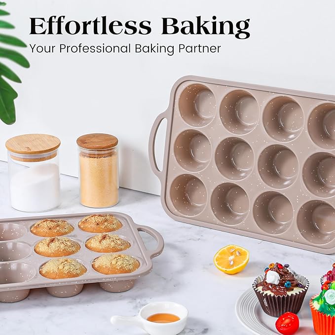Vinino Silicone Muffin Pans for Baking with Metal Reinforced Frame, 12 Cups Regular Size Nonstick Brown Silicone Cupcake Pan, BPA Free Oven Dishwasher Safe Baking Mold for Muffins Cupcakes