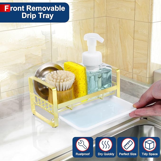 HULISEN Kitchen Sink Sponge Holder, 304 Stainless Steel Kitchen Soap Dispenser Organizer, Countertop Drainer with Removable Tray, not Including Dispenser and Brush, Gold