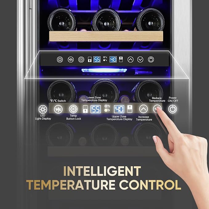 15 Inch Wine Cooler Under Counter, 30 Bottle Dual Zone Wine Fridge with Stainless Steel Glass Door, Built-In or Freestanding Wine Cellar with Digital Temperature Control for Home, Kitchen, or Office