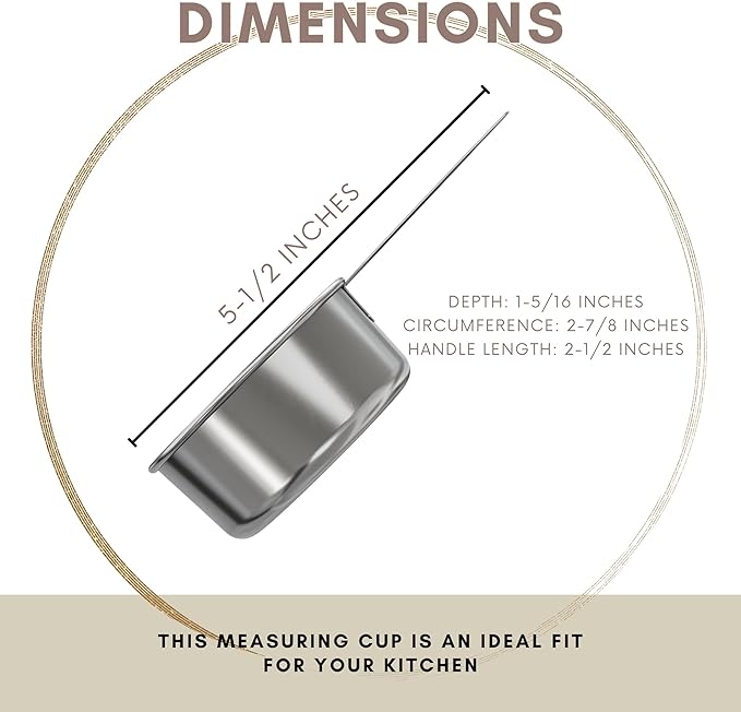1/2 Cup Stainless Steel Measuring Cup | Sturdy Metal 125 ml | 125 cc | 4 oz | Single Cup for Wet and Dry Ingredients | Great for use as 1/2 Cup Dog Food Scoop - 1 PK