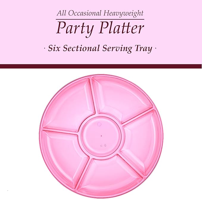 Plasticpro 6 Sectional Round Plastic Serving Tray/Platters Pink Pack of 2