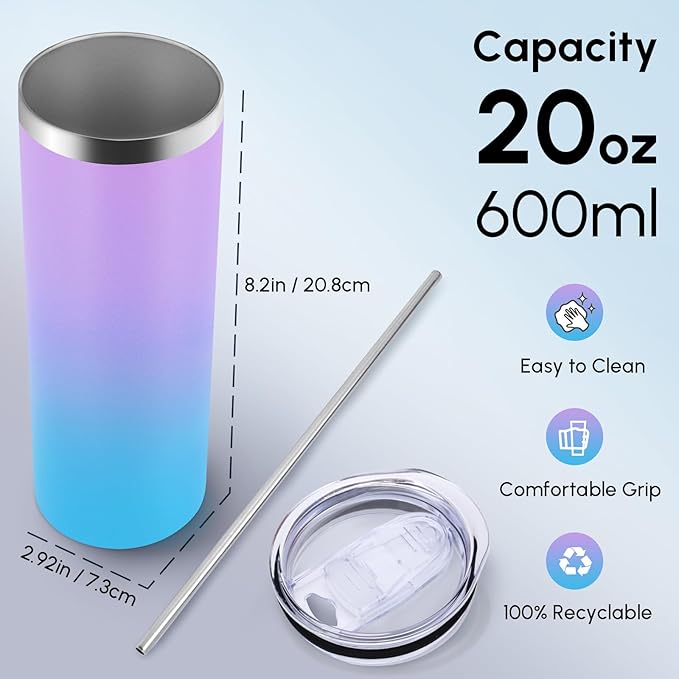 Volhoply 20 oz Skinny Tumbler with Lid and Straw, Stainless Steel Straight Tumblers Cup, Vacuum Insulated Coffee Mug for Home, Office, Travel, DIY (Lavender,1 Pack)