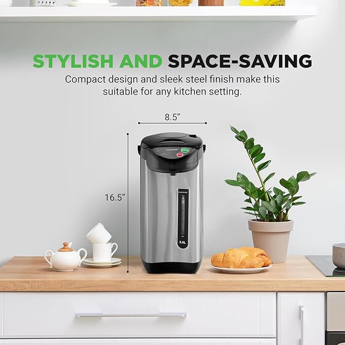 NutriChef 5.2 Qt Electric Water Kettle, Portable, Quick Heating, 5 Liter Digital Kettle with 5 Temperature Settings, Safety Lock, Stainless Steel, 3 Dispensing Options, 8.46" x 11.2" x 16.5"