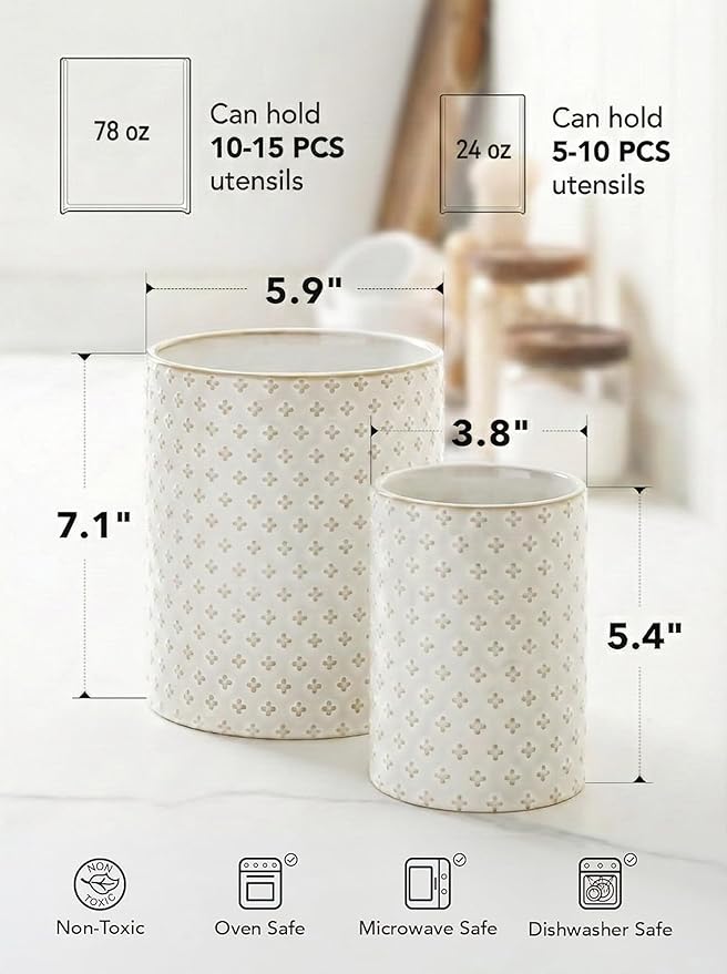 LE TAUCI Utensil Holder for Kitchen Counter - 7.1"+5.4" Ceramic Kitchen Utensil Holder Set of 2, Large Cooking Utensil Crock & Organizer for Spatula, Spoon - Embossed Kitchen Decor, White,Clover