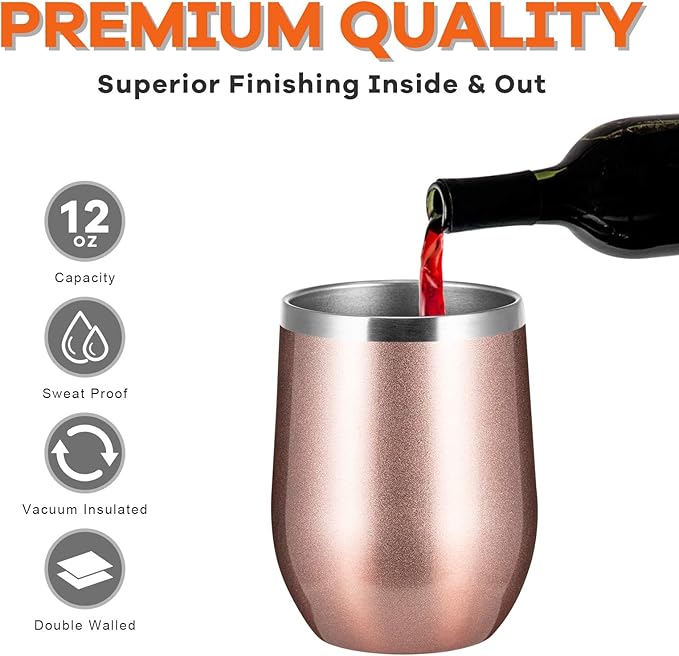 COMOOO Stainless Steel Wine Tumbler with Lid and Straw 12oz Double Wall Vacuum Insulated Travel Tumbler Cup for Coffee, Wine, Cocktails, Champagne (Mix color,8 Pack)
