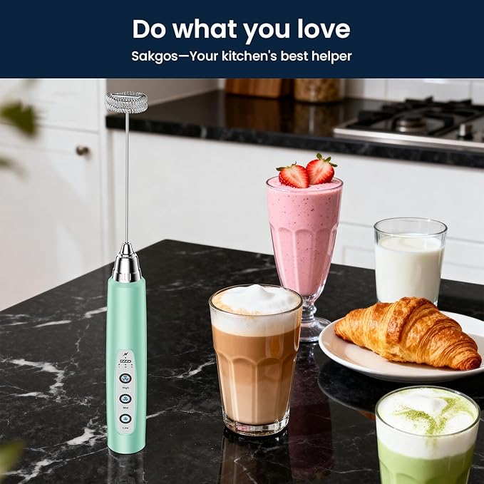 Sakgos Milk Frother Rechargeable Handheld-Electric Whisk 3 Speed Adjustable, Coffee Frother Wand with 3 Stainless Whisks, Electric Foam Maker, Drink Mixer Blender for Latte Cappuccino Matcha Egg