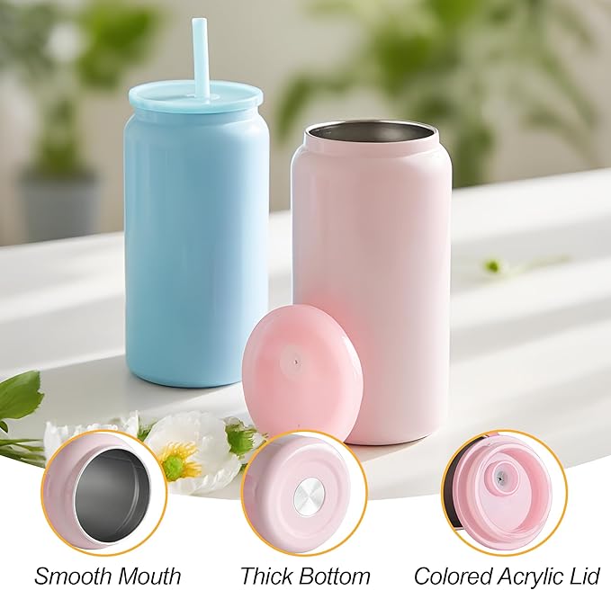 6 Pack Glass Cups with Lids and Straws Unbreakable 16 oz Stainless Steel Can Cup Double Wall Insulated Beer Can Tumbler for Iced Coffee, Juice, Soda, Bright-Colored