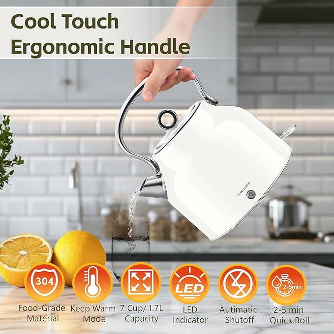 Electric Kettle – 1.7L Stainless Steel Kettle with Keep Warm Function, 1500W Fast Boil Kettle with LED Indicator, Auto Shut-off & Boil-Dry Protection Cordless Design, Rotational Base (White)