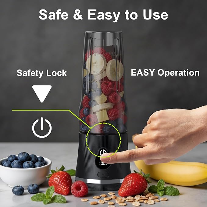 Portable Blender for Smoothies and Shakes, 17oz Personal Blender with 6 Stainless Steel Blades, USB-C Rechargeable, LED Display, BPA Free, Compact Travel Cup with Extra Lid for Gym, Office & On-the-Go