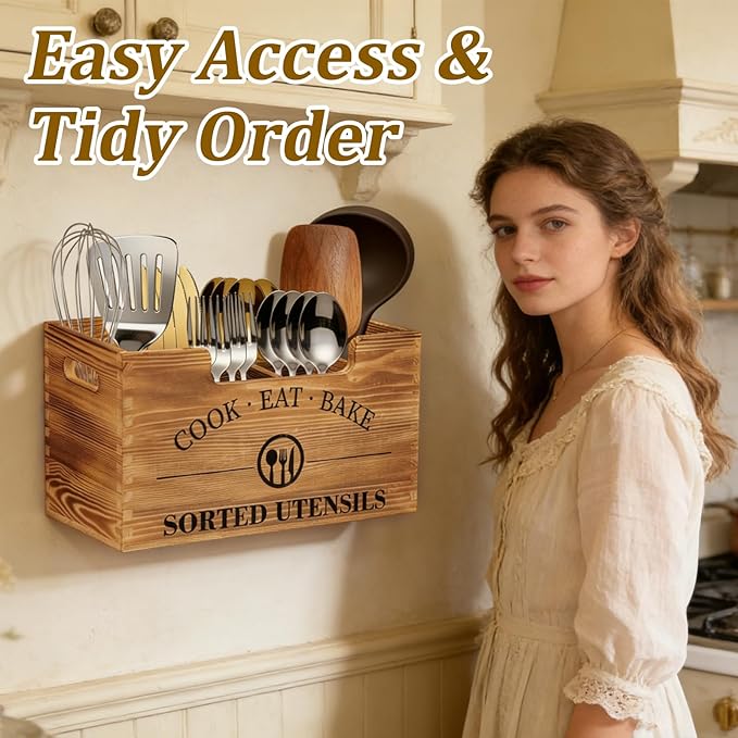 Upgraded Kitchen Utensil Holder for Counter or Countertop, Extra Large Utensil Holder with three Adjustable Combination Designs, Wooden Utensil Holder for Storage Cooking and Silverware