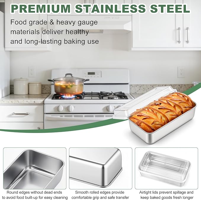 TeamFar Loaf Pans for Baking Bread, 9 x 5 Inch Stainless Steel Bread Loaf Pan with Lid, Meatloaf Pan Tin for Homemade Bread, Brownies, Meal Prep, Storage, Healthy & Dishwasher Safe - Set of 3