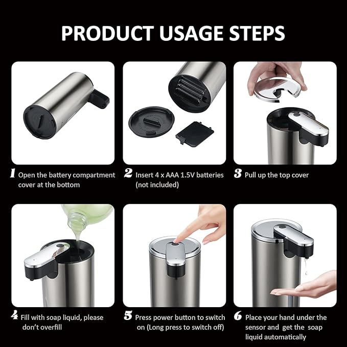Automatic Soap Dispenser, Automatic Liquid Soap Dispenser Touchless, 12oz/340ml, 3-Level Adjustable, Battery Operated, Water-Resistant for Bathroom, Kitchen and School, Clog-Free, Stainless Steel