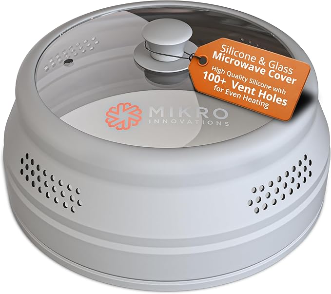 Mikro Innovations Glass & Silicone Microwave Splatter Cover – Tall and Collapsible Design that fits 6-10.5in Plates and Bowls - Space Saving, BPA Free & Dishwasher Safe (1, Gray, large)