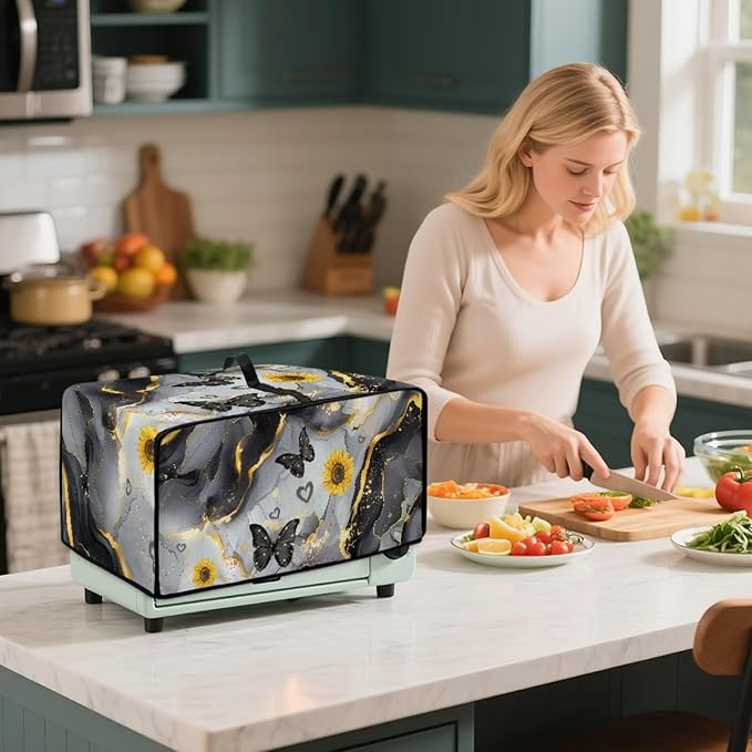 Convection Oven Cover Countertop Appliance Covers Stain-resistant Microwave Oven Protector for Kitchen Home Decor, L, Black Gray Gold Marble Butterfly Sunflower