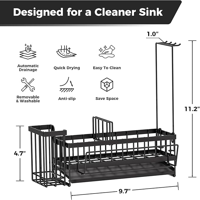 Sponge Holder for Kitchen Sink – Rustproof Stainless Steel with Detachable Drainboard, Brush Rack & Towel Bar | Compact, Non-Slip Design for Countertop Bathroom