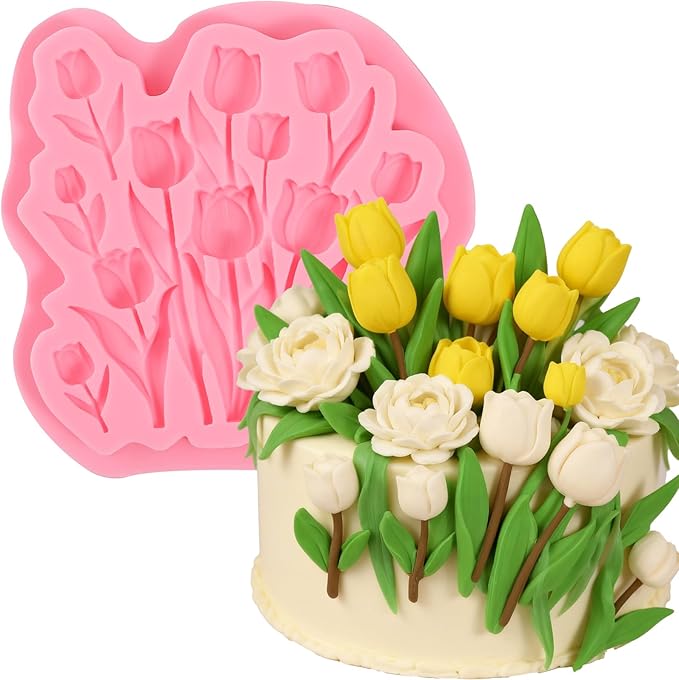 1 Pcs Tulip Fondant Mold, Flower Chocolate Silicone Mold, Food-Grade Material, for Baking Cookies Candy Sugar Crafts, Marzipan Muffins Chewing Gum Salted Dough Epoxy Resin Plaster Soap Clay