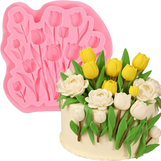 1 Pcs Tulip Fondant Mold, Flower Chocolate Silicone Mold, Food-Grade Material, for Baking Cookies Candy Sugar Crafts, Marzipan Muffins Chewing Gum Salted Dough Epoxy Resin Plaster Soap Clay