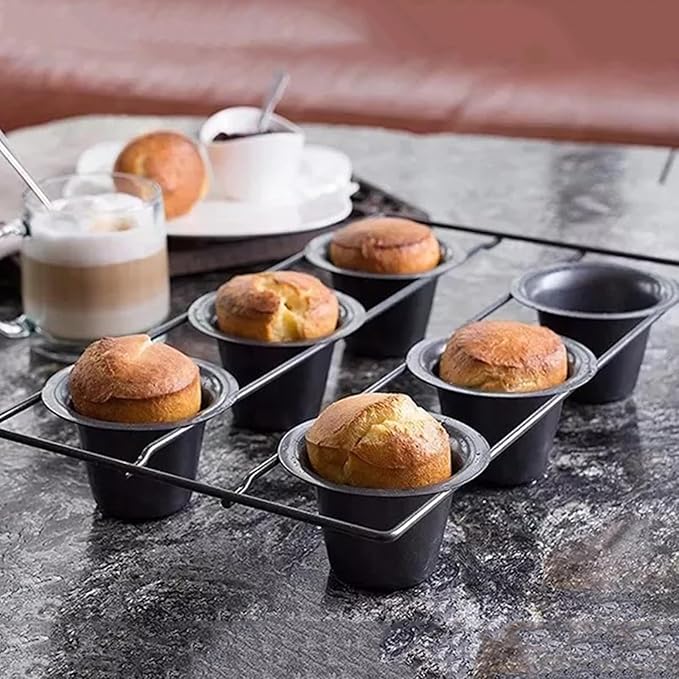 Popover Cake Pan, Non-Stick Muffin, Muffin Pan Cupcake Pan, Cupcake Bakeware for Oven Baking Vertical Cup Design 6-Cavity Versatile Waffle Pudding Pan Black