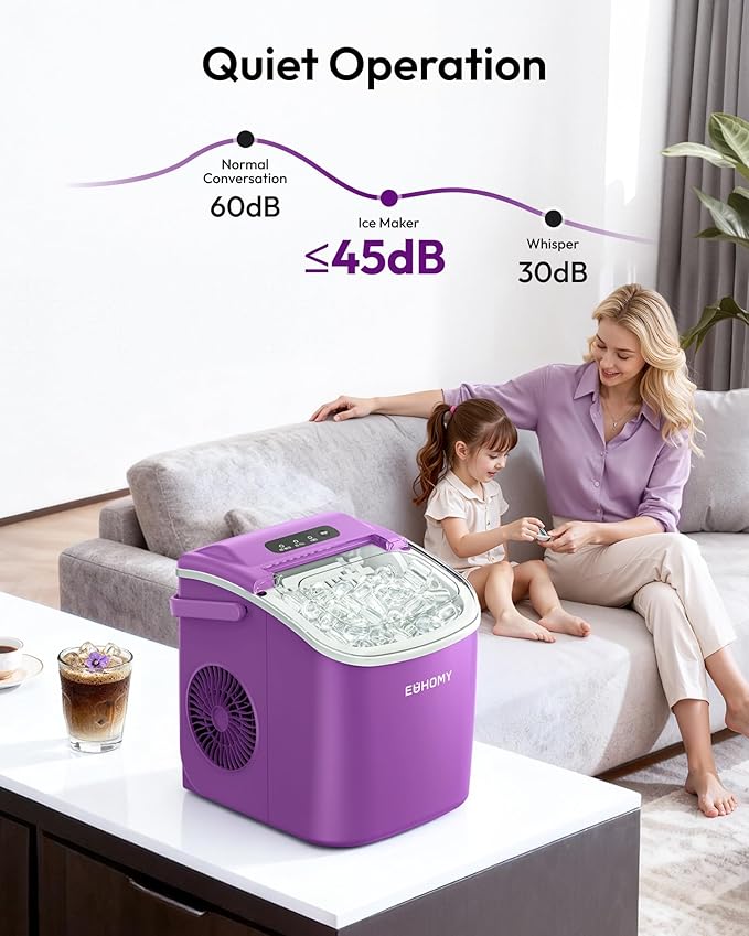 EUHOMY Countertop Ice Maker Machine with Handle, 26lbs Per Day, 9 Ice Cubes Ready in 6 Mins, Auto-Cleaning Portable Ice Maker with Basket and Scoop, for Home/Kitchen/Camping/RV (Purple)