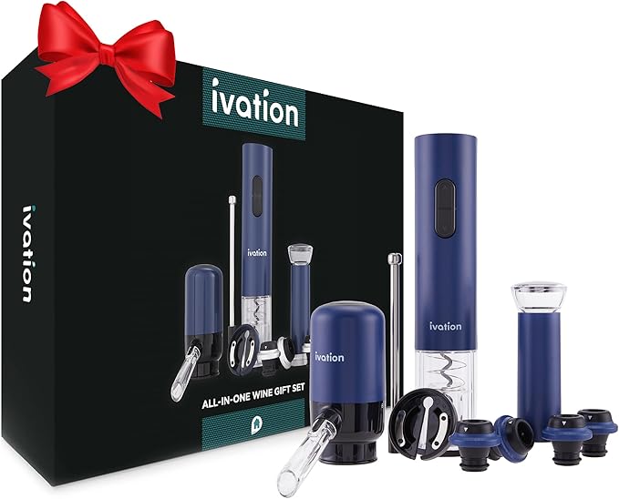 Ivation All-in-One Wine Gift Set – Includes Electric Bottle Opener, Aerator Dispenser, Preserver Pump, 2 Cork Stoppers, Foil Cutter & Gift Box