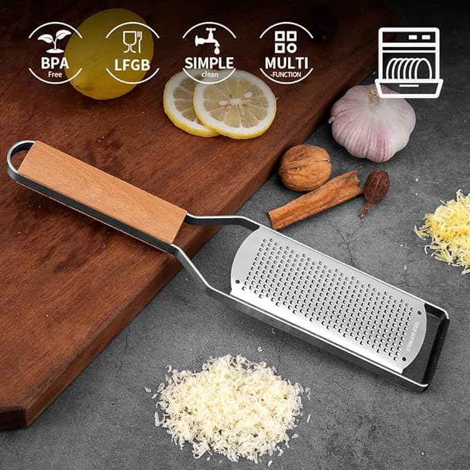 Professional Cheese Graters for Kitchen Stainless Steel Handheld,Durable Rust-Proof Metal Lemon Zester Grater With Wood Handle for Cheese,Chocolate,Spices,Kitchen Gadgets (Wideboard)