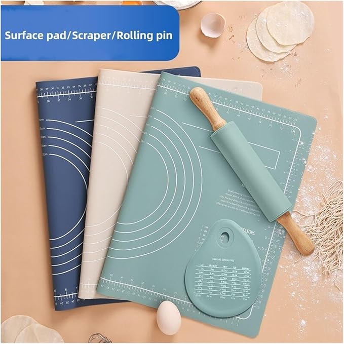 Silicone Measuring Kneading Pad Set Household Rolling Pin Dough Large Thick Non-slip Non-stick Bottom Baking Tool(Kneading pad blue)