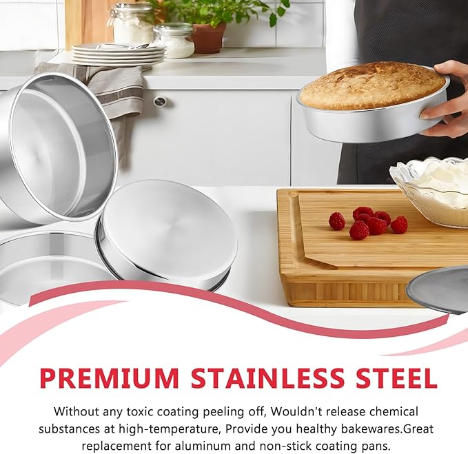 P&P CHEF Cake Pan Set of 4, Stainless Steel Baking Round Cake Pans Tins Bakeware for Birthday Wedding, Leak-proof & Easy Clean, Mirror Finish & Easy Releasing, 8 Inch