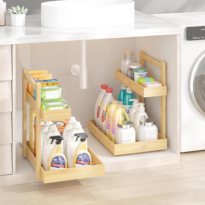 Under Sink Organizer - 1-Tier Pull Out Cabinet Organizer Vertical Slide Out Sink Shelf Storage Shelves for Multi-Purpose Bath Kitchen Bathroom Medicine (Nature, 1 Pack)