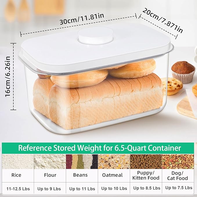 Large Bread Box with Easy-Carrying Handles for Kitchen Countertop, 6.5 Qt Rice Flour Container with Pop Up Lid & Hanging Hooks for Cleaner Use, Airtight Food Storage Bin for Kitchen Organization