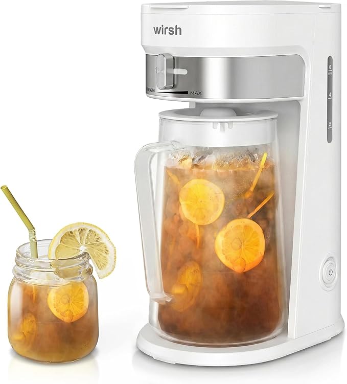 wirsh Iced Tea Maker with 3QT Pitcher, Iced Coffee Maker with Strength Control and Reusable Filter, Perfect For Iced Coffee, Latte, Tea, Lemonade, Flavored Water,White