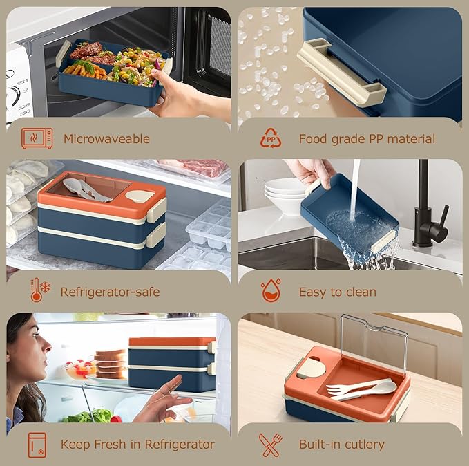 Sitlais Bento Box Adult Lunch Box, 2-Layer Stackable Container with Utensils & Insulated Bag, 67oz Large Capacity, Leakproof, Microwave Safe, BPA-Free for Work, Gym & Outdoor (Orange & Blue)