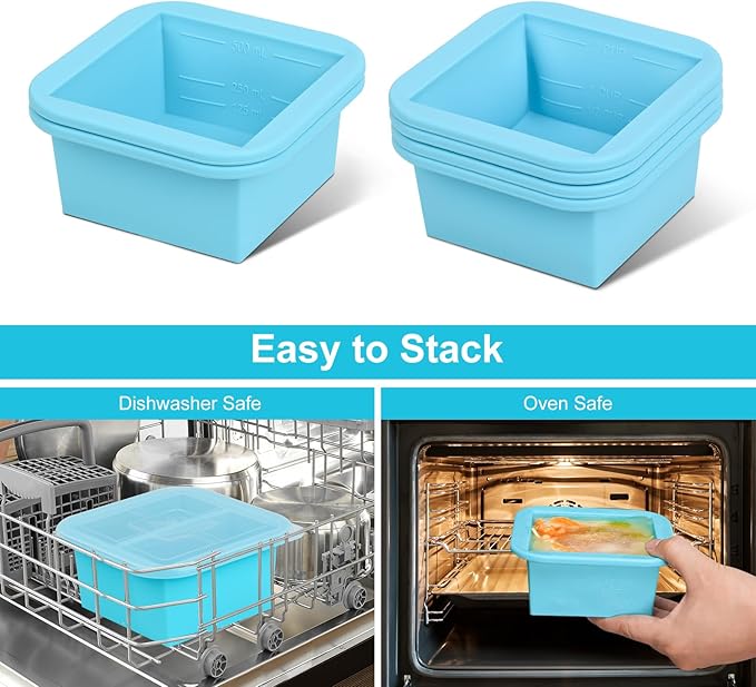 Silicone Freezer Tray with Lid 2 Pack Silicone Freezer Molds Ice Cube Tray Makes 2 Perfect 2 Cup Portions Soup Cubes Meal Prep Containers- Oven & Dishwasher Safe