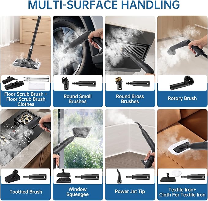 Steam Cleaner, Powerful Heavy Duty Canister Steamer with 34 Accessories, Steam Mop with 16.4 Ft Extra-Long Power Cord for Home Floor Cleaning, Grout, Upholstery, Car Detailing, White
