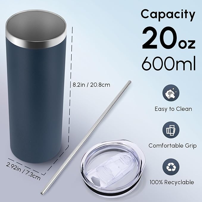 Volhoply 20 oz Skinny Tumbler with Lid and Straw, Stainless Steel Straight Tumblers Cup, Vacuum Insulated Coffee Mug for Home, Office, Travel, DIY (Navy,1 Pack)