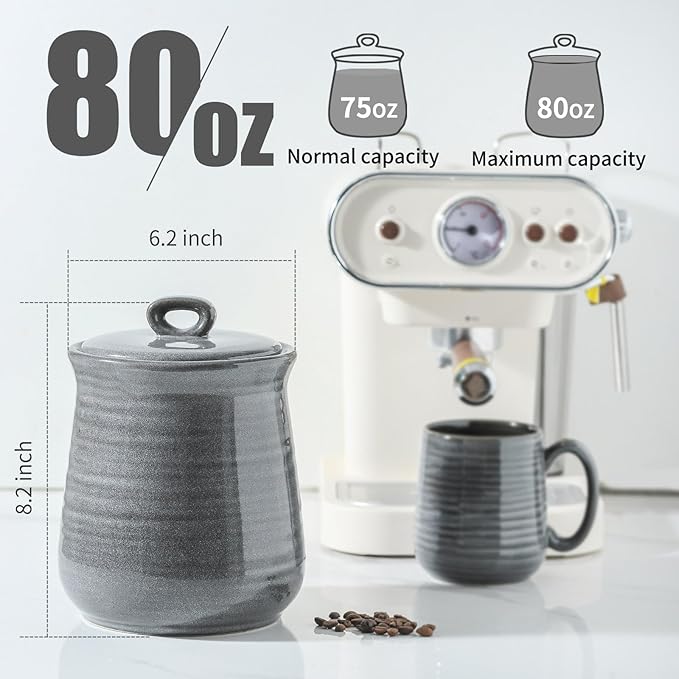 HASENSE Large Ceramic Coffee Canister with Airtight Lid, 80 FL OZ Grey Porcelain Food Storage Container, Farmhouse Kitchen Countertop Jar for Coffee Beans, Flour, Sugar, Cereal & Cookies